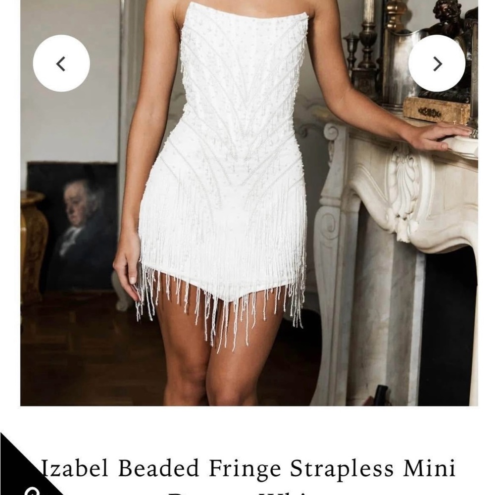 Cream Strapless Bodycon Dress with Beaded Fringe